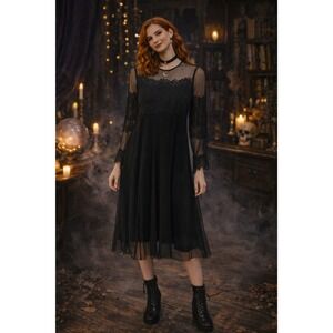 Pieces Sheer Tulle Dress Small Black Lace Mesh Midi Whimsigoth Dark Fairy Whimsy